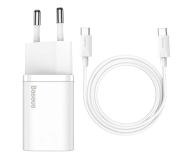 Ładowarka i akumulator BASEUS Super Si Quick Charger (1xUSB-C, 25W) z przewodem USB-C - USB-C, 1m, biała